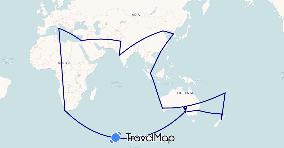 TravelMap itinerary: driving in Australia, China, Fiji, Greece, Indonesia, Israel, India, Italy, South Korea, New Zealand, Pakistan, Singapore, South Africa (Africa, Asia, Europe, Oceania)